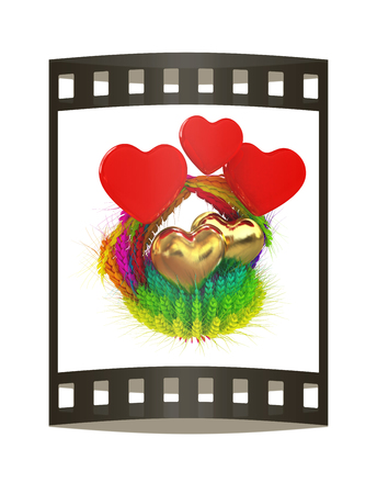 Heart in colored basket of the ears of wheat. Wedding concept. 3d render. Film strip.の写真素材