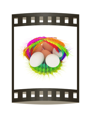 Colored basket of the ears of wheat with eggs. 3d render. Film strip.の写真素材