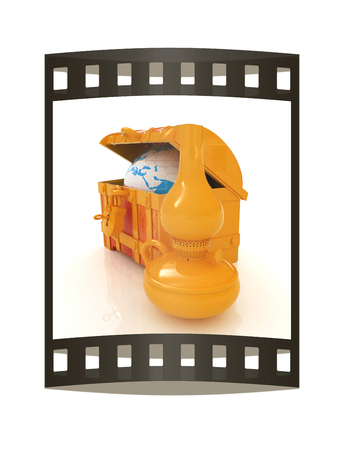 Earth in a chest and kerosene lamp. 3d illustration. Film strip.の写真素材