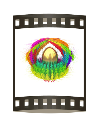 Colored basket of the ears of wheat with golden eggs. Traditional Easter attributes. 3d render. Film strip.の写真素材