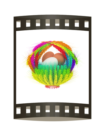 Colored basket of the ears of wheat with eggs. 3d render. Film strip.の写真素材