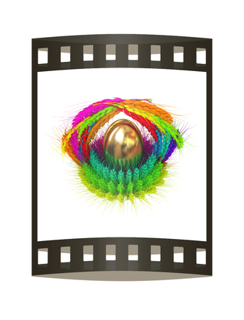 Colored basket of the ears of wheat with golden eggs. Traditional Easter attributes. 3d render. Film strip.の写真素材