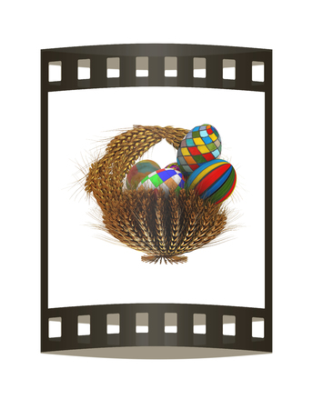 Basket of the golden ears of wheat with Easter eggs. 3d render. Film strip.の写真素材