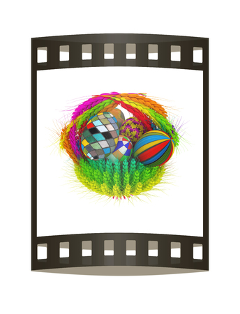 Colored basket of the ears of wheat with Easter eggs. 3d render. Film strip.の写真素材