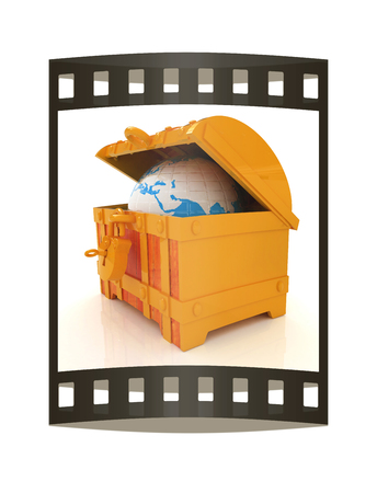 Earth in a chest. 3d illustration. Film strip.の写真素材