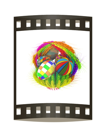 Colored basket of the ears of wheat with Easter eggs. 3d render. Film strip.の写真素材