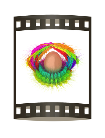 Colored basket of the ears of wheat with eggs. Traditional Easter attributes.  3d render. Film strip.の写真素材