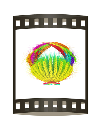Colored basket of the ears of wheat. 3d render. Film strip.の写真素材