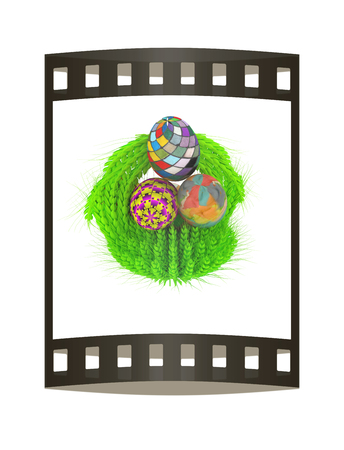 Colored basket of the ears of wheat with Easter eggs. 3d render. Film strip.の写真素材