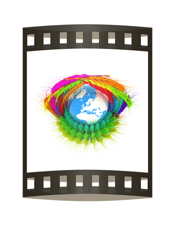 Colored basket of the ears of wheat. Global concept with ball globe Earth. 3d render. Film strip.の写真素材