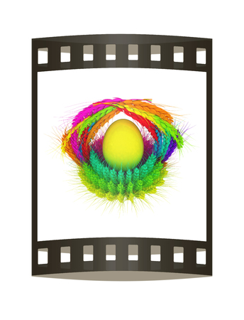 Colored basket of the ears of wheat with eggs. Traditional Easter attributes.  3d render. Film strip.の写真素材