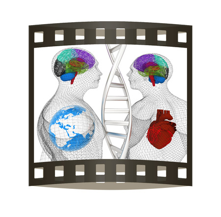 3D medical background with DNA strands and wire human body model with heart and brain in x-ray. Global medical concept with Earth. 3d render. Film strip.の写真素材