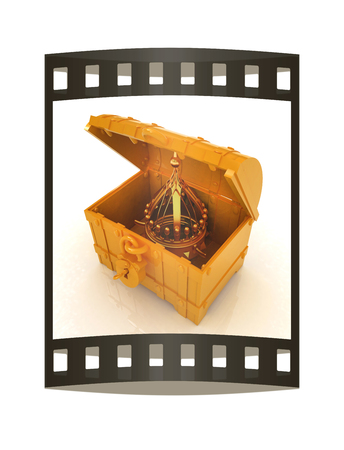 Gold crown in a chest. 3d render. Film strip.の写真素材