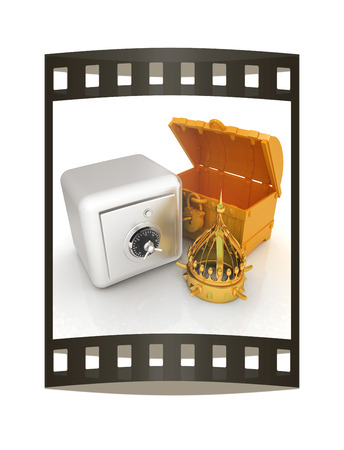 Chest, safe and crown. Money saving concept. 3d render. Film strip.の写真素材