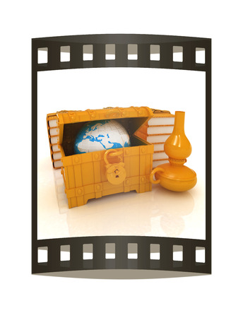 Earth in chest and leather books with kerosene lamp. Edication concept in retro stile. 3d render. Film strip.の写真素材
