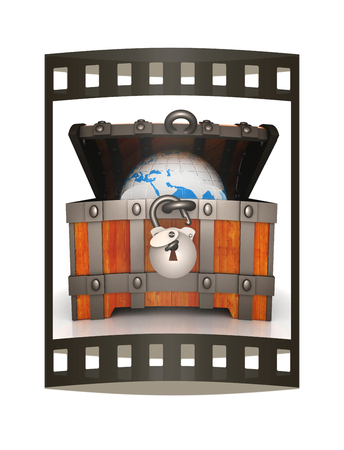 Earth in wood chest. Original global ecology concept of saved Earth. 3d illustration. Film strip.の写真素材