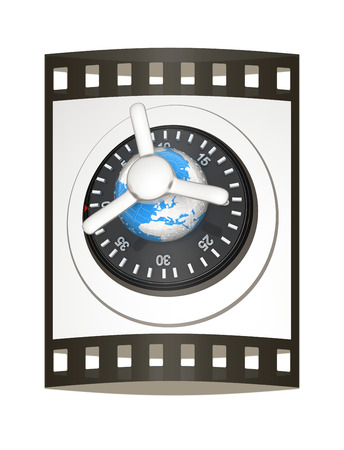 Earth and safe. Global bancing online concept of money saving. 3d render. Film strip.の写真素材