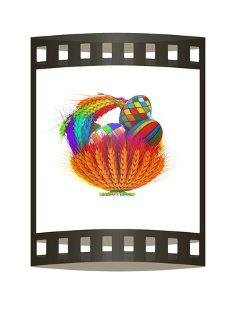 Colored basket of the ears of wheat with Easter eggs. 3d render. Film strip.の写真素材