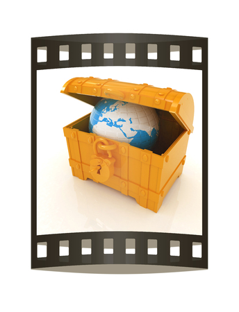 Earth in a chest. 3d illustration. Film strip.の写真素材