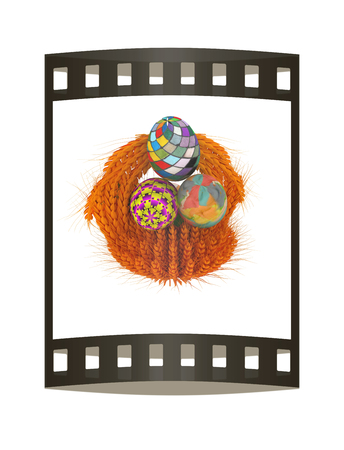 Colored basket of the ears of wheat with Easter eggs. 3d render. Film strip.の写真素材