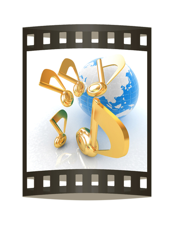 Earth and music notes around. 3d render. Film strip.の写真素材