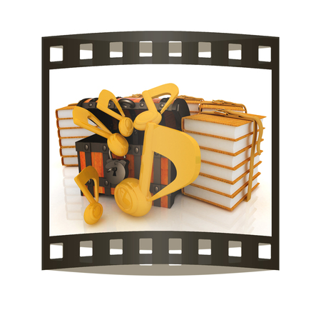 Chest with leather books around and music notes beside. Retro concept of best of the best musical education. 3d render. Film strip.の写真素材