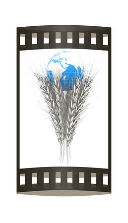 Metal ears of wheat and Earth. Symbol that depicts prosperity, wealth and abundance. 3d render. Film strip.の写真素材