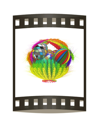 Colored basket of the ears of wheat with Easter eggs. 3d render. Film strip.の写真素材