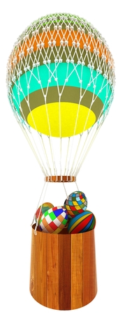 Hot Colored Air Balloon with a basket and Easter eggs inside. 3d renderの写真素材