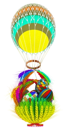 Hot Colored Air Balloon with a basket of multicolored wheat and Easter eggs inside. 3d renderの写真素材