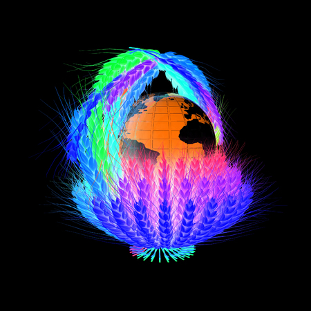 Colored basket of the ears of wheat. Global concept with ball globe Earth. 3d render. On a black background.の写真素材