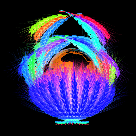 A colorful basket of wheat for Easter or Thanksgiving. Global concept with the earth ball inside. 3d render. On a black background.の写真素材