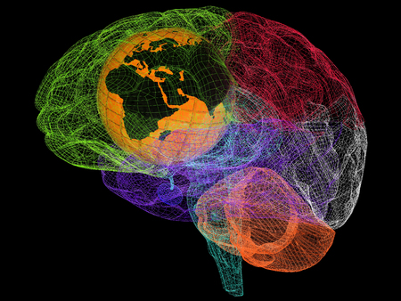 Earth in a brain. 3d render. On a black background.の写真素材