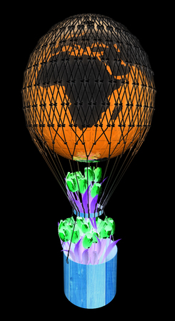 Hot Air Balloon of Earth and tulips in a basket. 3d render. On a black background.の写真素材