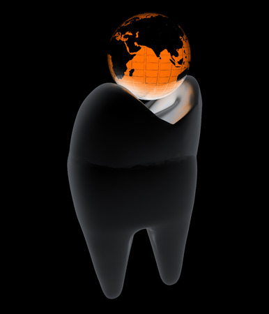 Tooth and Earth. 3d illustration. On a black background.の写真素材