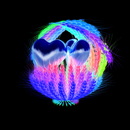 Heart in colored basket of the ears of wheat. Wedding concept. 3d render. On a black background.の写真素材