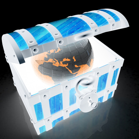Earth in wood chest. Original global ecology concept of saved Earth. 3d illustration. On a black background.の写真素材