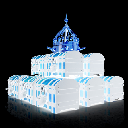 Crown and chest. 3d render. On a black background.の写真素材