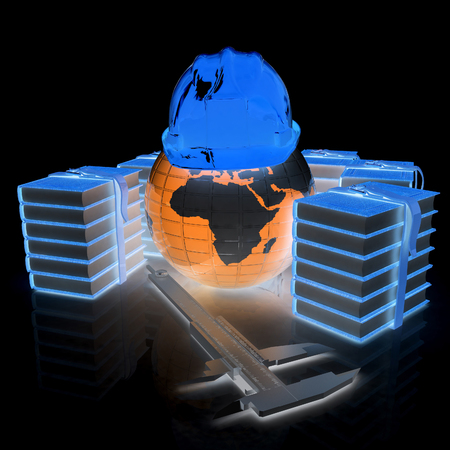 Earth in hard hat, calipers and books. 3d render. On a black background.の写真素材