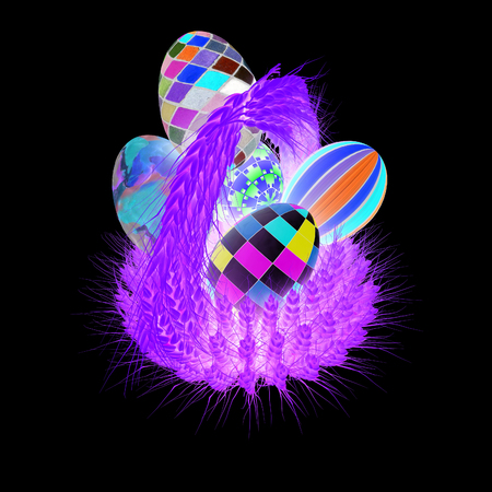 Colored basket of the ears of wheat with Easter eggs. 3d render. On a black background.の写真素材