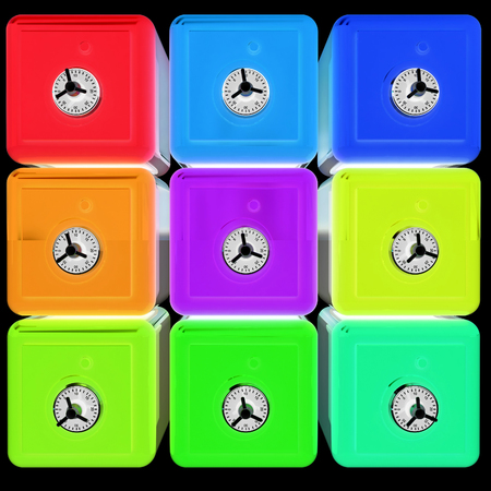 Many colorful safes. 3d render. On a black background.の写真素材
