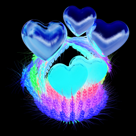 Heart in colored basket of the ears of wheat. Wedding concept. 3d render. On a black background.の写真素材