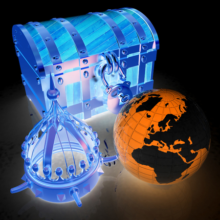 Worldwide championship business success or winner competition concept with blue Earth. 3d render. On a black background.の写真素材