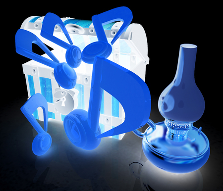 Chest, kerosene golden lamp and music notes beside. Retro music concept. 3d render. On a black background.の写真素材