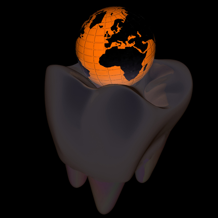 Tooth and Earth. 3d illustration. On a black background.の写真素材