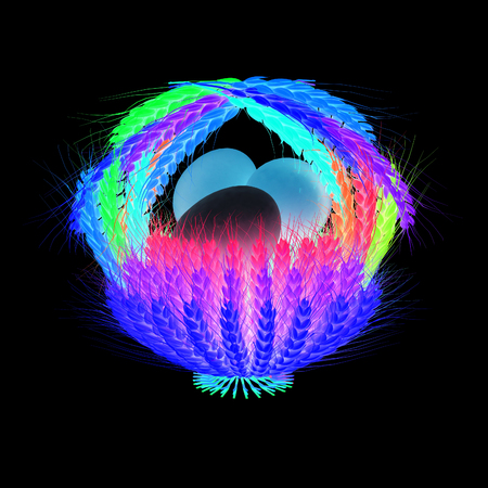 Colored basket of the ears of wheat with eggs. 3d render. On a black background.の写真素材