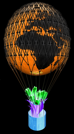 Hot Air Balloon of Earth and tulips in a basket. 3d render. On a black background.の写真素材
