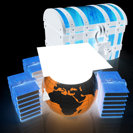 Graduation hat on Earth with chest and books around. 3d render. On a black background.の写真素材