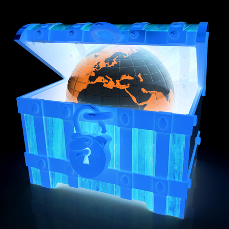 Earth in a chest. 3d illustration. On a black background.の写真素材