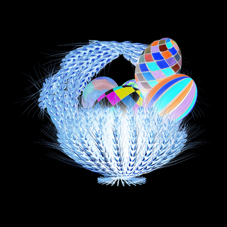 Basket of the golden ears of wheat with Easter eggs. 3d render. On a black background.の写真素材